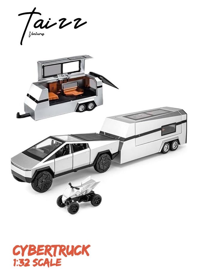 Taizz Ventures 1:32 Cybertruck Kids Toy Diecast Metal Cyberquad RV Pickup Truck and Trailer with Lights, Sound, Pull-Back Function, Ideal Gift for Boys, Interactive Model Car for Display & Play - Silver 