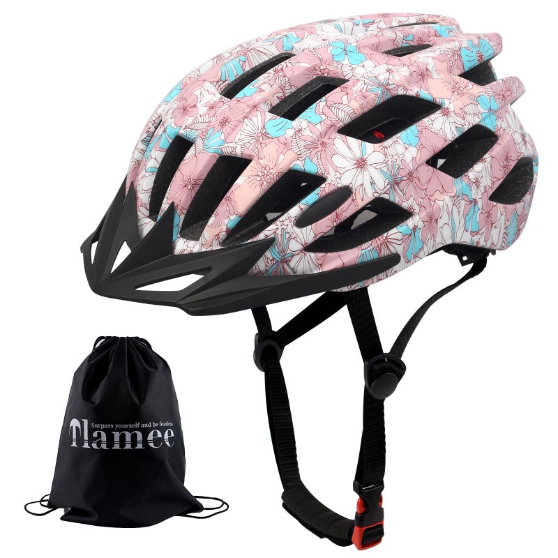 TLAMEE Adult Bike Helmets, Adjustable Mens Womens Bicycle Helmet, Lightweight Road Mountain Cycling Safety Sports Helmets with Detachable Visor Pink Flower L - Image 2