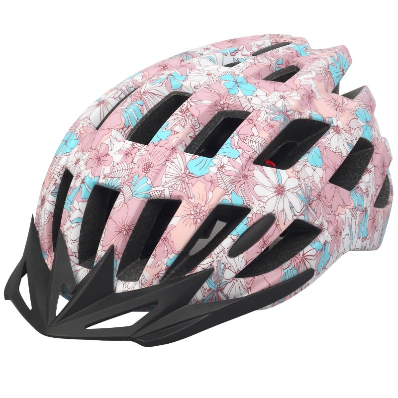 TLAMEE Adult Bike Helmets, Adjustable Mens Womens Bicycle Helmet, Lightweight Road Mountain Cycling Safety Sports Helmets with Detachable Visor Pink Flower L - Image 1