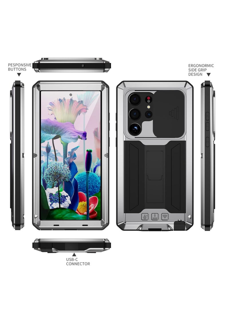 Excefore Metal Phone Case for Samsung Galaxy Ultra, Heavy Duty Military Grade Rugged Case,Full Body Rugged Shockproof Protective Cover Case Screen Protector Camera Cover (Silver) - Image 3