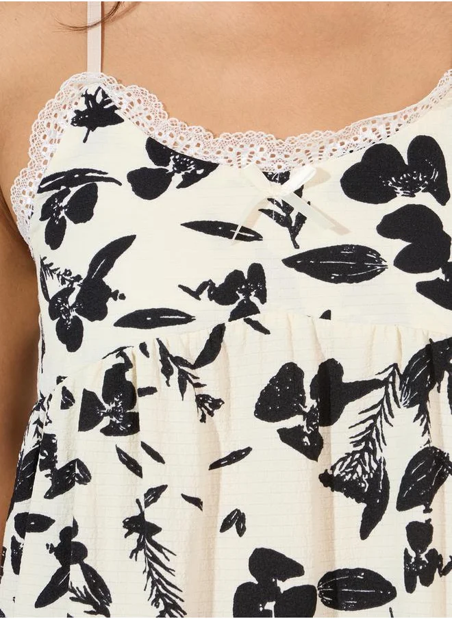 Styli Mono Leaf Print Lace Trim Slip Dress