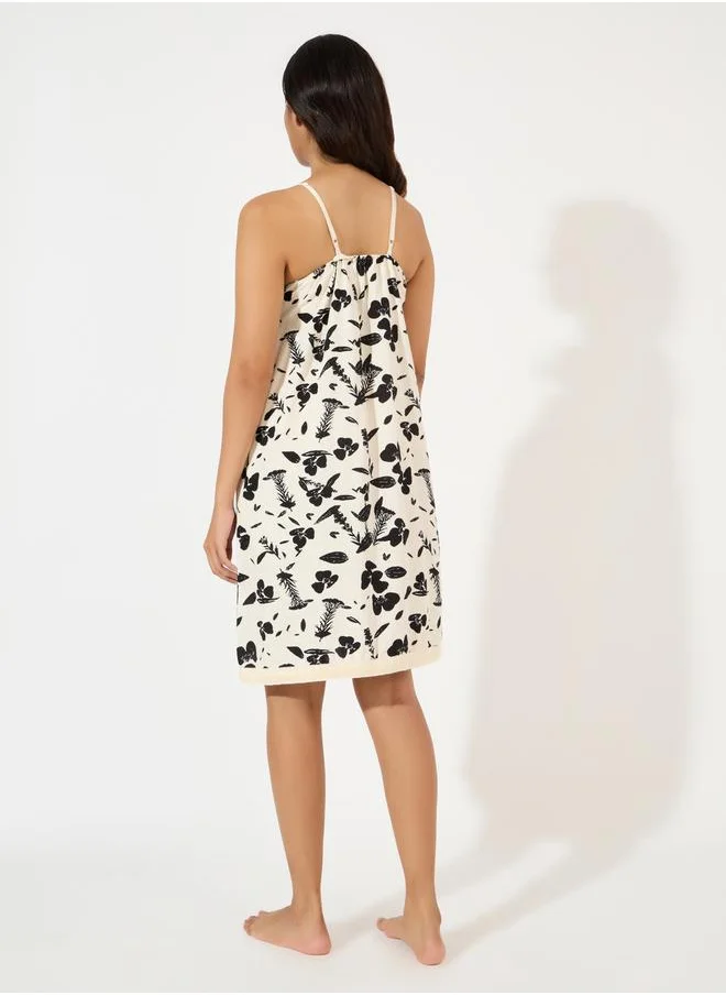 Styli Mono Leaf Print Lace Trim Slip Dress