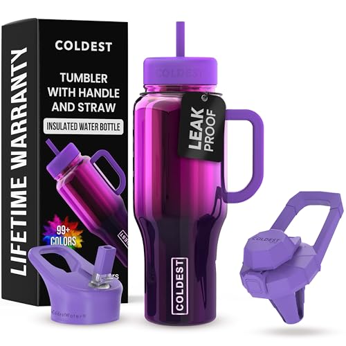 THE COLDEST WATER Coldest Tumbler with Handle and Straw 100 Spill Proof Tumbler with Straw 3 Lids Stainless Steel Insulated Leakproof Tumblers for Women Men Cup Holder Friendly 36 oz Purple Nova - Image 1