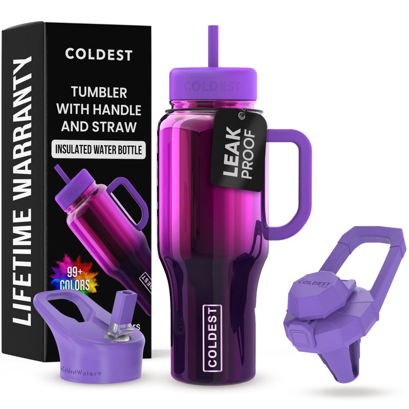 THE COLDEST WATER Coldest Tumbler with Handle and Straw 100 Spill Proof Tumbler with Straw 3 Lids Stainless Steel Insulated Leakproof Tumblers for Women Men Cup Holder Friendly 36 oz Purple Nova - Image 2