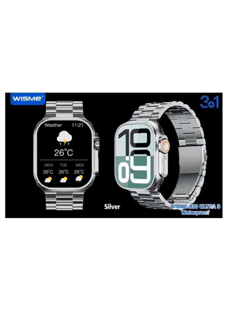 ويزمي ساعة ذكية WISME-X30 ULTRA 3 متعددة الوظائف ومقاومة للماء مع 3 أزواج من الأشرطة وكابل شحن مصممة للسيدات والرجال باللون الفضي - Image 3