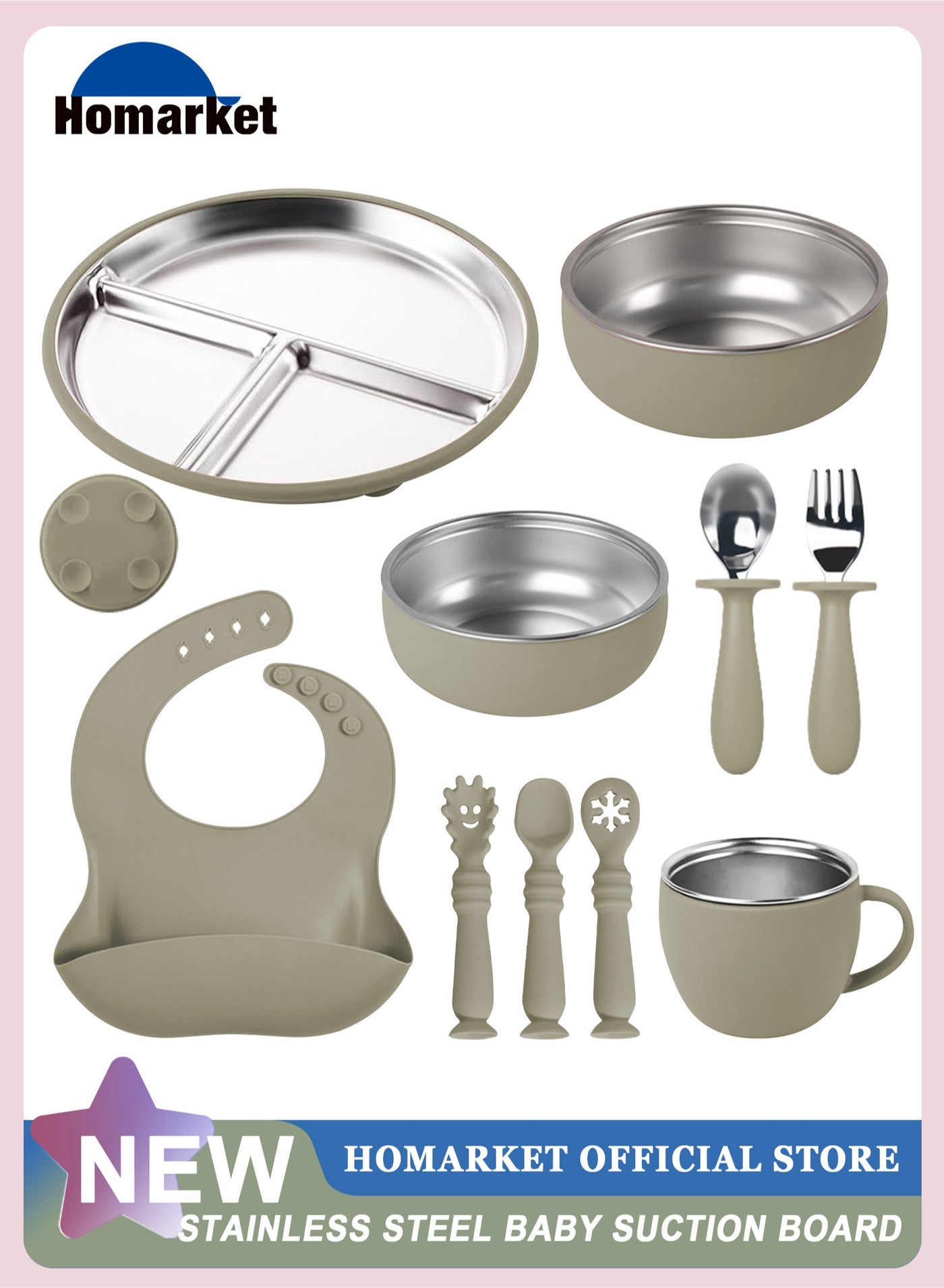 HomarKet 10 Pcs 304 Stainless Steel Kids Plates and Bowls Set Stainless Steel Suction Bowls and Toddler Cup with Removable Silicone, Forks Spoons Pocket Bib for Baby Toddle(Green)