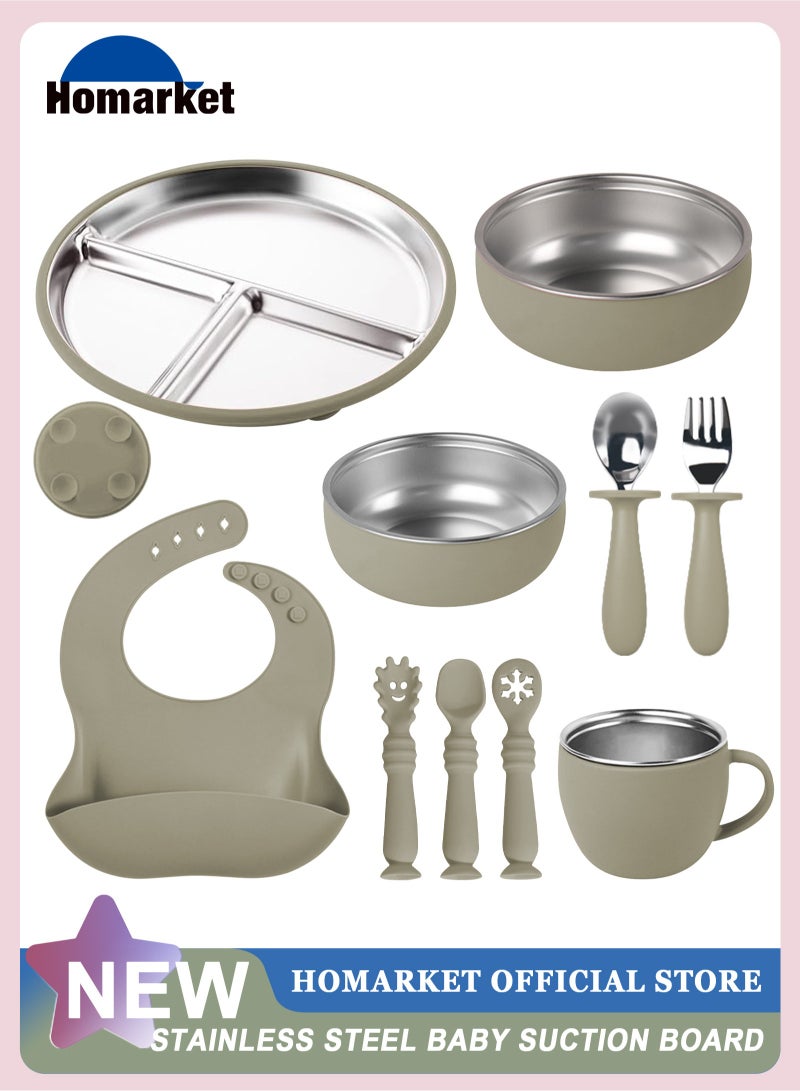 HomarKet 10 Pcs 304 Stainless Steel Kids Plates and Bowls Set Stainless Steel Suction Bowls and Toddler Cup with Removable Silicone, Forks Spoons Pocket Bib for Baby Toddle(Green)  - Image 1
