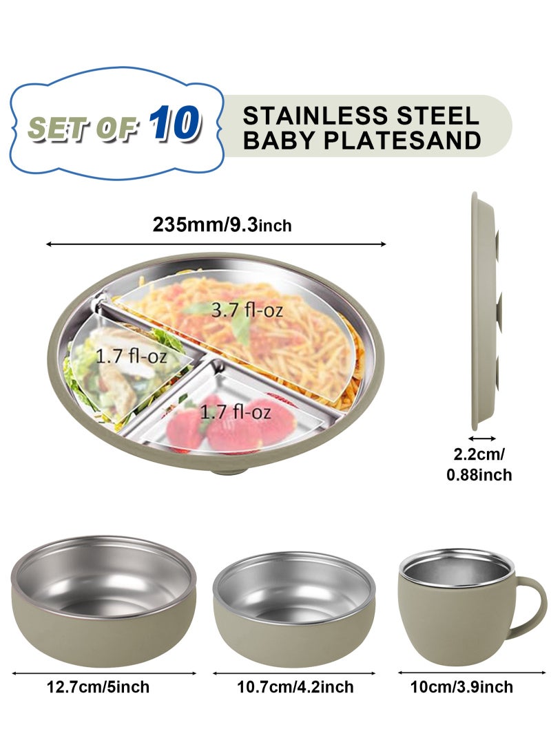 HomarKet 10 Pcs 304 Stainless Steel Kids Plates and Bowls Set Stainless Steel Suction Bowls and Toddler Cup with Removable Silicone, Forks Spoons Pocket Bib for Baby Toddle(Green)  - Image 2