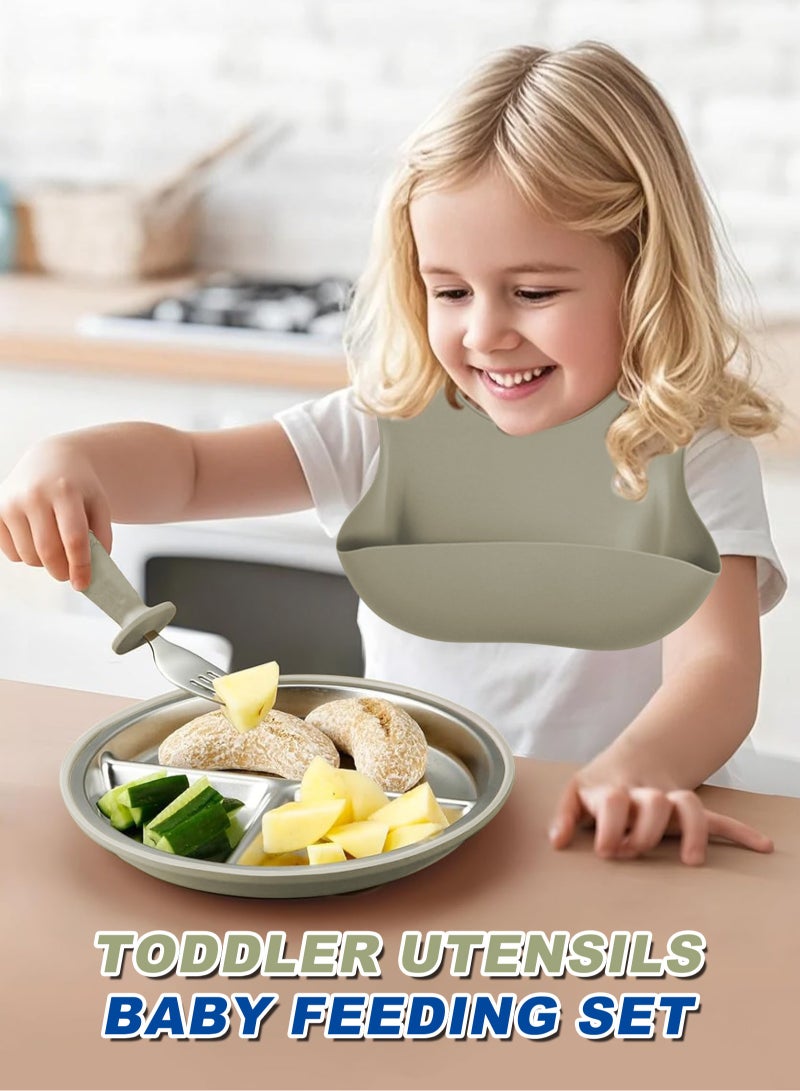 HomarKet 10 Pcs 304 Stainless Steel Kids Plates and Bowls Set Stainless Steel Suction Bowls and Toddler Cup with Removable Silicone, Forks Spoons Pocket Bib for Baby Toddle(Green)  - Image 5