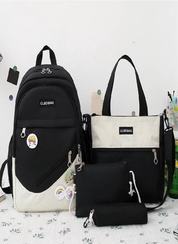 Eckek - 4 Pcs Sets Canvas Schoolbags Girls Women Backpackd Contrast Color Women Laptop Backpack Student Kids Rucksack Backpack - Image 1