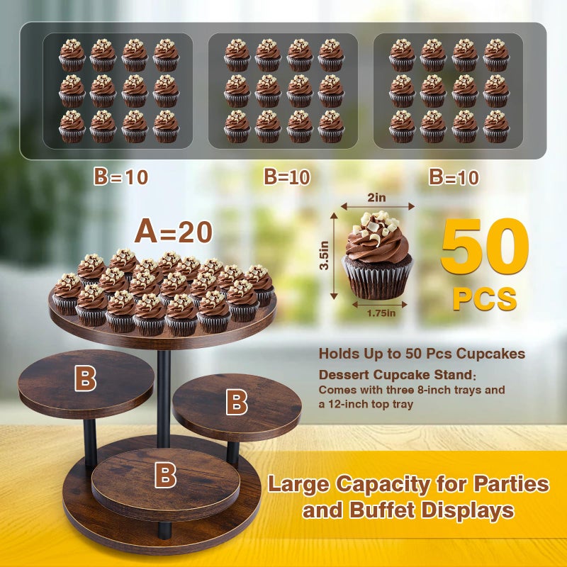 CMOOD 4 Tier Round Cupcake Tower Stand, Wooden Cupcake Stands for 50 Cupcakes, Rotatable Wood Dessert Display with Tiered Tray, Wooden Cake Tier Stand for Wedding Birthday Party Graduation - Image 4