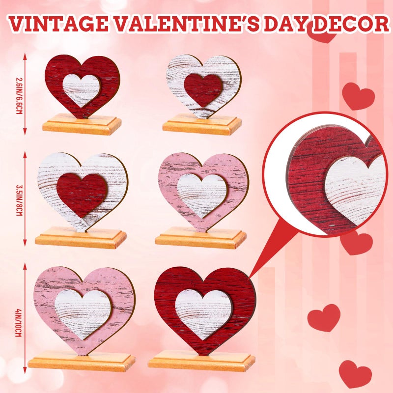 Vercraft 6 Pcs Valentine's Day Decor Wooden Heart Shaped Table Signs Farmhouse Wood Heart Table Decorations Sign Standing Wooden Tiered Tray Decoration for Valentine Day Ornaments(Classic) - Image 3