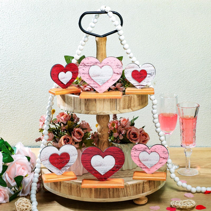 Vercraft 6 Pcs Valentine's Day Decor Wooden Heart Shaped Table Signs Farmhouse Wood Heart Table Decorations Sign Standing Wooden Tiered Tray Decoration for Valentine Day Ornaments(Classic) - Image 2