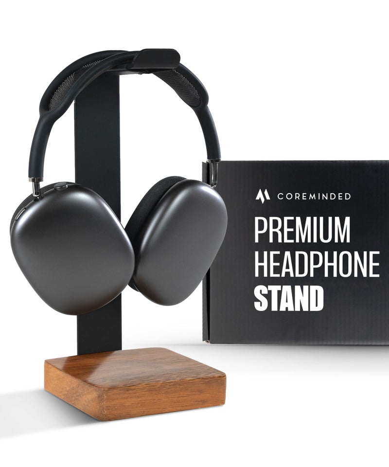 COREMINDED Universal Headphone Stand for Desk, Solid Wood Gaming Headset Stand, Heavy Duty Wooden Headphones Holder, Compatible with Airpods Max and More - Image 1