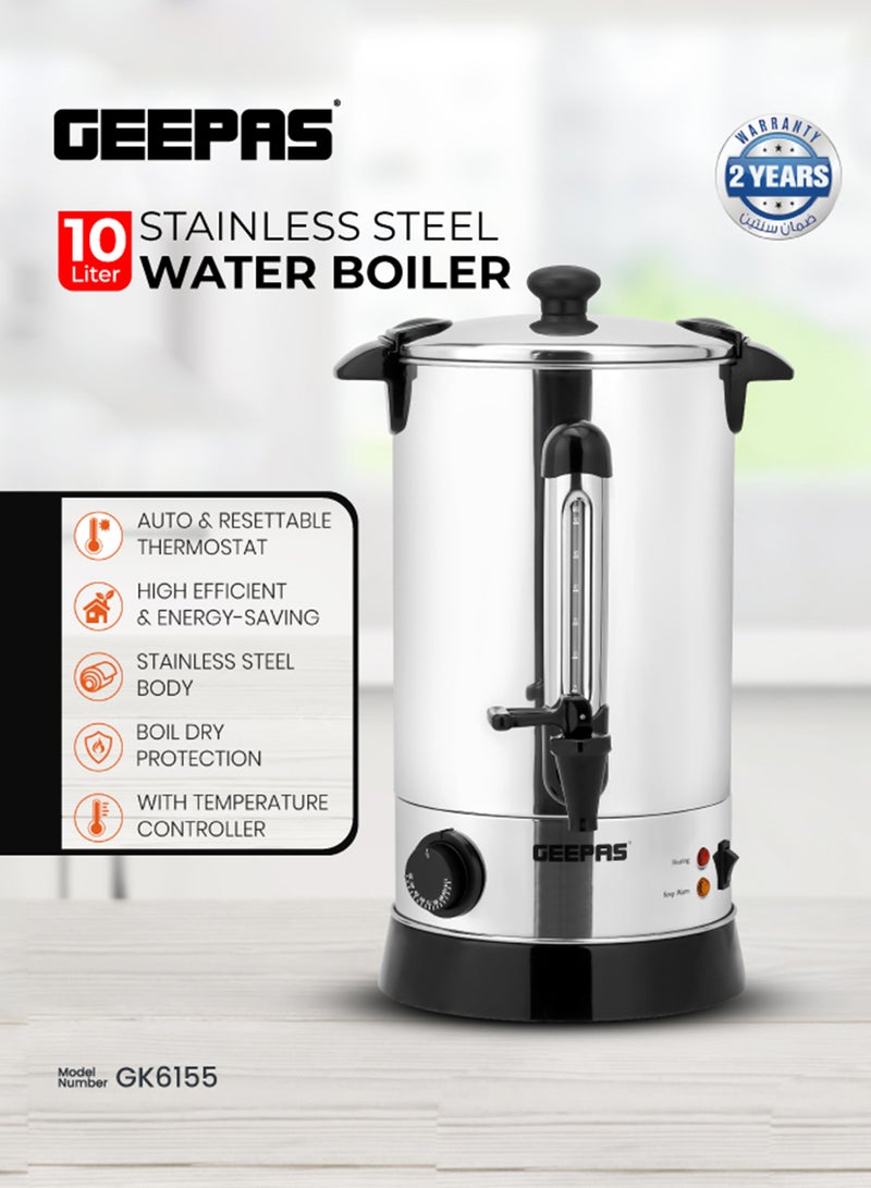 Geepas 10L Water Boiler 1650W - Auto & Reset Thermostat with High Energy Efficient | Stainless Steel Body | Perfect for Hotels, Home, Hospitals | 2 Years Warranty GK6155 Silver/ Black - Image 1