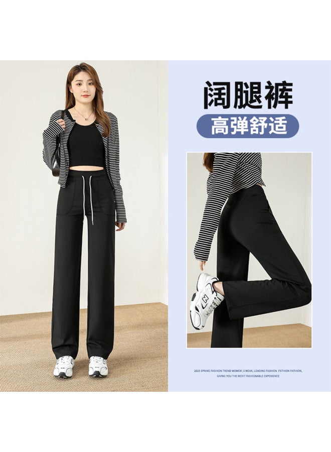 Top melon Black Drawstring Straight Leg Sweatpants Women Spring Relaxed Fit Petite High Waist Loose Slimming Lazy Style Wide Leg Pants - Image 3