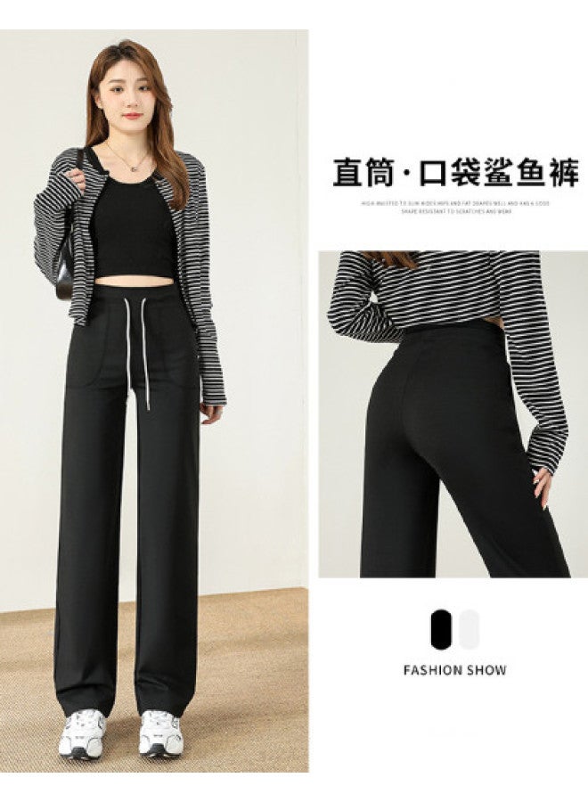 Top melon Black Drawstring Straight Leg Sweatpants Women Spring Relaxed Fit Petite High Waist Loose Slimming Lazy Style Wide Leg Pants - Image 1