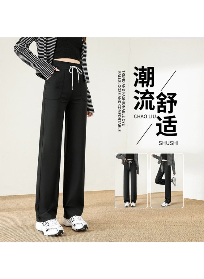 Top melon Black Drawstring Straight Leg Sweatpants Women Spring Relaxed Fit Petite High Waist Loose Slimming Lazy Style Wide Leg Pants - Image 4