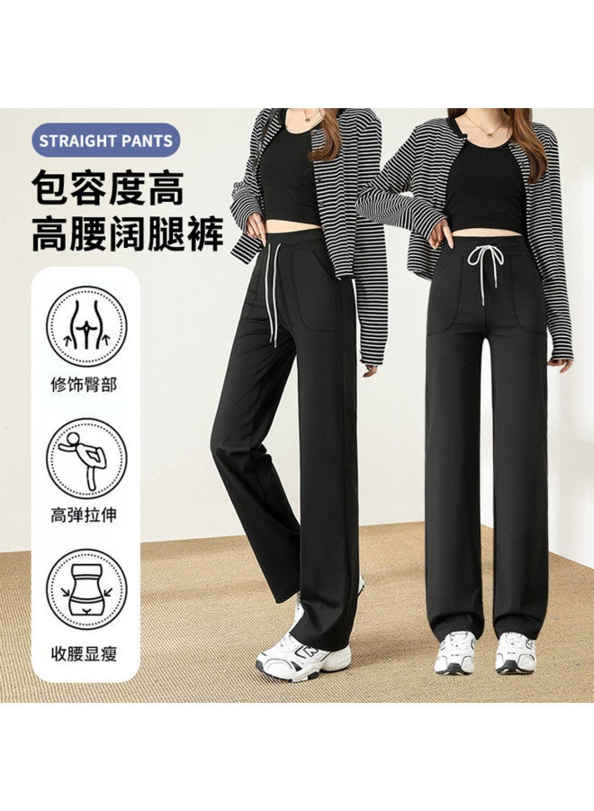 Top melon Black Drawstring Straight Leg Sweatpants Women Spring Relaxed Fit Petite High Waist Loose Slimming Lazy Style Wide Leg Pants - Image 5