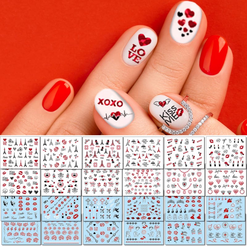 TailaiMei TailaiMei 24 Sheets Valentines Day Nail Decals Stickers SelfAdhesive Nail Art Decorations Design for kiss Love Hug 726 Pcs