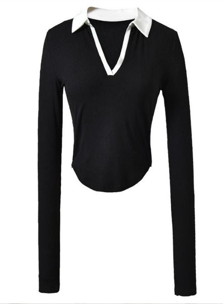 Loquat Women's Color Contrast Sports Arc Bottom T-Shirt Black  - Image 1