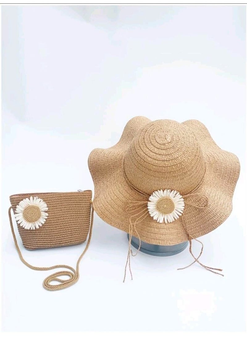 SHEIN 2pcs Women's Khaki Straw Hat With Sunflower Decor And Big Wavy Brim Shape Hat With Khaki Straw Bag, Adjustable Head Circumference, Sweating Absorption And Breathable, Sunscreen - Image 2
