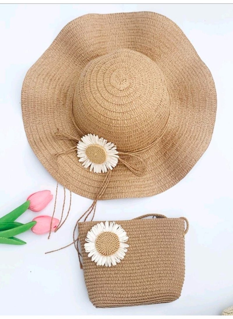 SHEIN 2pcs Women's Khaki Straw Hat With Sunflower Decor And Big Wavy Brim Shape Hat With Khaki Straw Bag, Adjustable Head Circumference, Sweating Absorption And Breathable, Sunscreen - Image 1