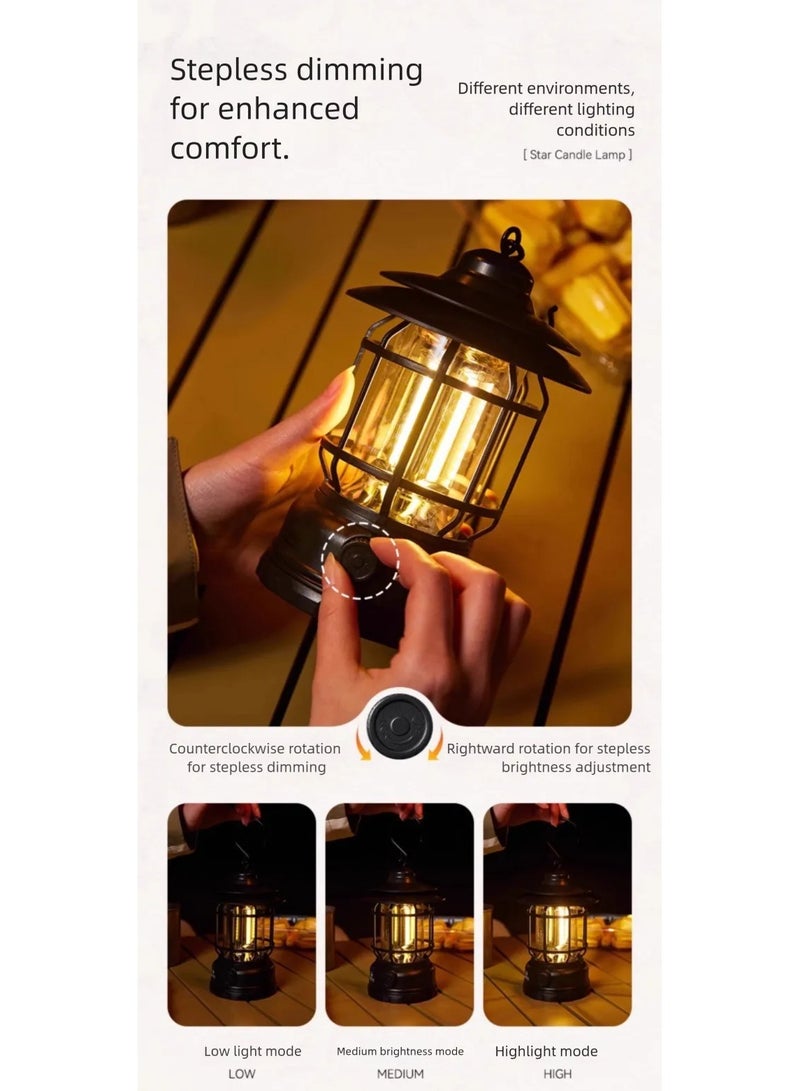 Camping Lantern, Camping Light, Rechargeable LED Camping Lamp, Retro LED Camping Lantern Warm Light, Waterproof Portable Dimming Camping Lights for Outdoor with Rotating Dimmers - Image 2