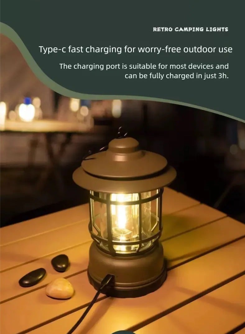 Camping Lantern, Camping Light, Rechargeable LED Camping Lamp, Retro LED Camping Lantern Warm Light, Waterproof Portable Dimming Camping Lights for Outdoor with Rotating Dimmers - Image 3