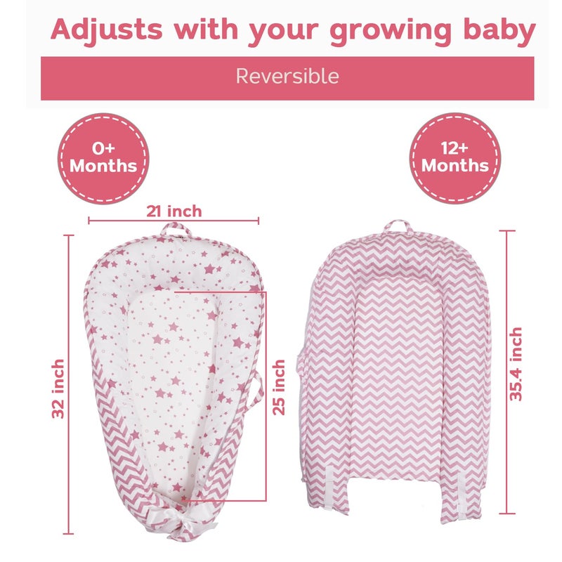 Aila+Aiden Baby Lounger | Organic Cotton Infant Lounger | Reversible, Adjustable & Portable Floor Lounger | Supervised Use | Soft, Breathable, Washable Cover - Star Collection (Pink) - Image 2