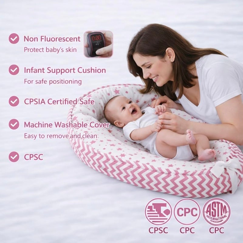 Aila+Aiden Baby Lounger | Organic Cotton Infant Lounger | Reversible, Adjustable & Portable Floor Lounger | Supervised Use | Soft, Breathable, Washable Cover - Star Collection (Pink) - Image 3