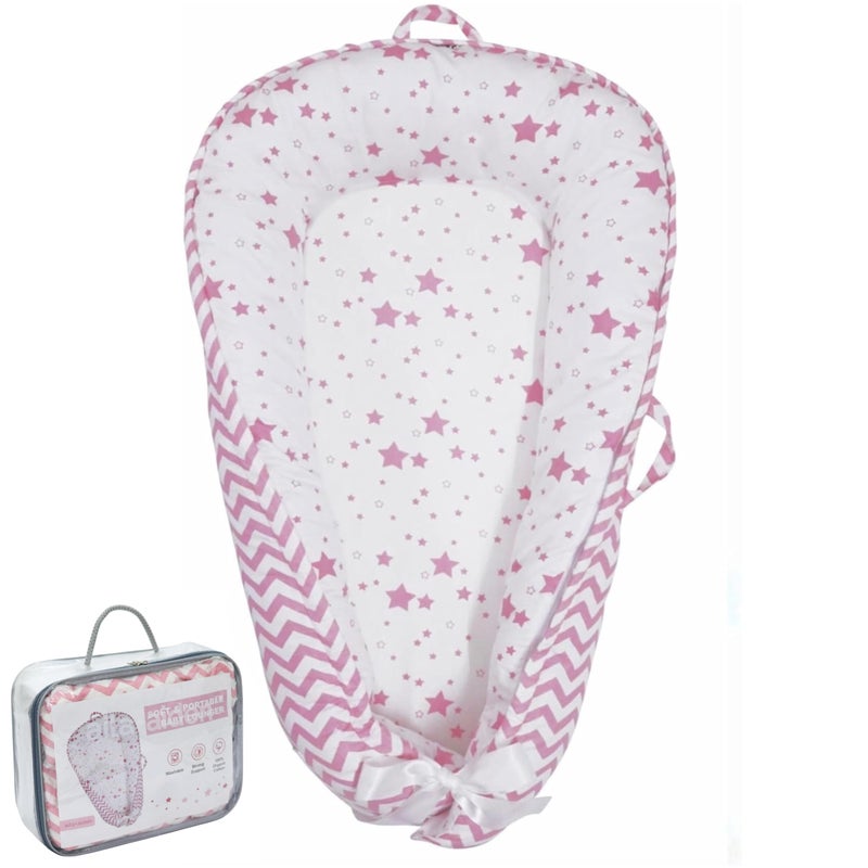 Aila+Aiden Baby Lounger | Organic Cotton Infant Lounger | Reversible, Adjustable & Portable Floor Lounger | Supervised Use | Soft, Breathable, Washable Cover - Star Collection (Pink) - Image 1