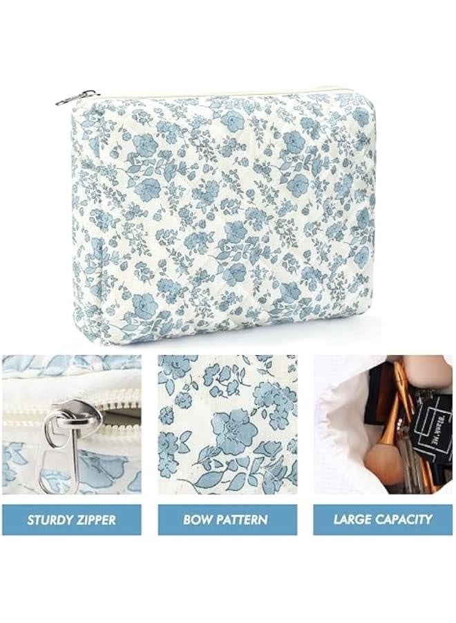 Cotton Quilted Makeup Bag for Women Large Coquette Cosmetic Bag Cute Zipper Blue Floral Makeup Pouch Portable Travel Toiletry Bag Organizer Vintage Puffy Trendy Skincare Storage Bag - Image 5
