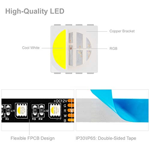 BTF-LIGHTING 5050 RGBW RGB+Cool White(6000K-7000K) 4 Colors in 1 LED Tape Light DC12V 5m 16.4ft 60LED/m Multi-Colored IP65 Black 12mm PCB for Bedroom Kitchen Home Decoration(No Adapter or Controller) - Image 3
