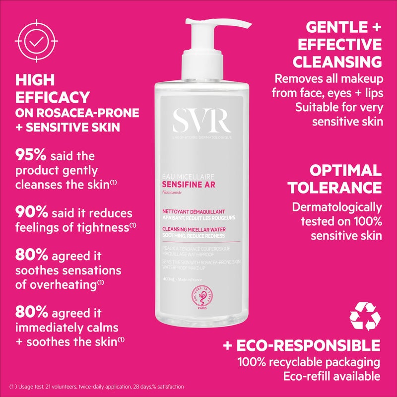 SVR Sensifine Micellar Water With Niacinamide. Soothing, Redness Relief Face Cleanser & Makeup Remover For Face, Eyes, Lips. Gentle, No Rinse Cleanser For Sensitive, Reactive Skin, 13.5 Fl.oz. - Image 5