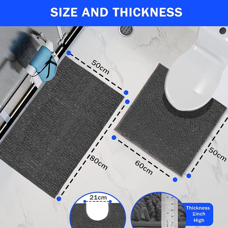 GVTECH Bath Mat Set 2 Pieces, Chenille Non-Slip Back 50x80 cm Bathroom Mat & 50x60 cm U Shape Toilet Rug Fleece, Highly Absorbent, Bathroom Carpet, Super Soft Microfiber Bath Rug (Grey) - Image 2