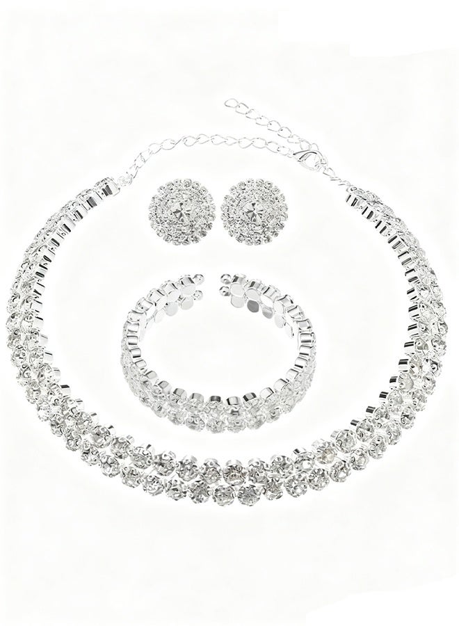 Happy D 3 Pcs Rhinestone Choker Bracelet Earrings Jewelry Set Double Row Round Diamond Collar Necklace Bridal Evening Dress Accessories for Girlfriend Wife Mother Bridesmaids Wedding Party Accessories - Image 4