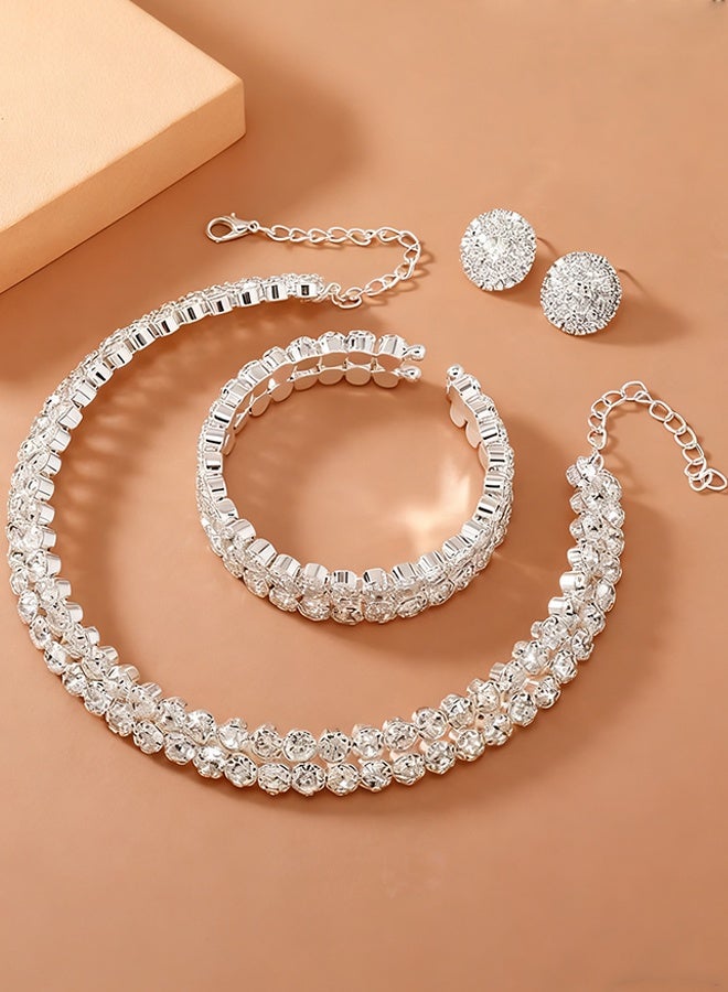 Happy D 3 Pcs Rhinestone Choker Bracelet Earrings Jewelry Set Double Row Round Diamond Collar Necklace Bridal Evening Dress Accessories for Girlfriend Wife Mother Bridesmaids Wedding Party Accessories - Image 5