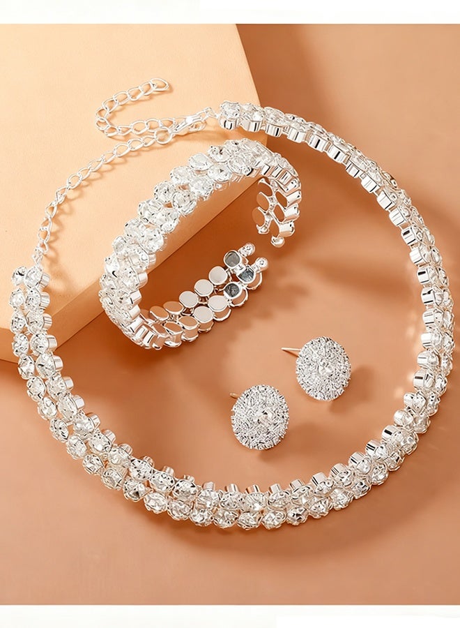 Happy D 3 Pcs Rhinestone Choker Bracelet Earrings Jewelry Set Double Row Round Diamond Collar Necklace Bridal Evening Dress Accessories for Girlfriend Wife Mother Bridesmaids Wedding Party Accessories - Image 1