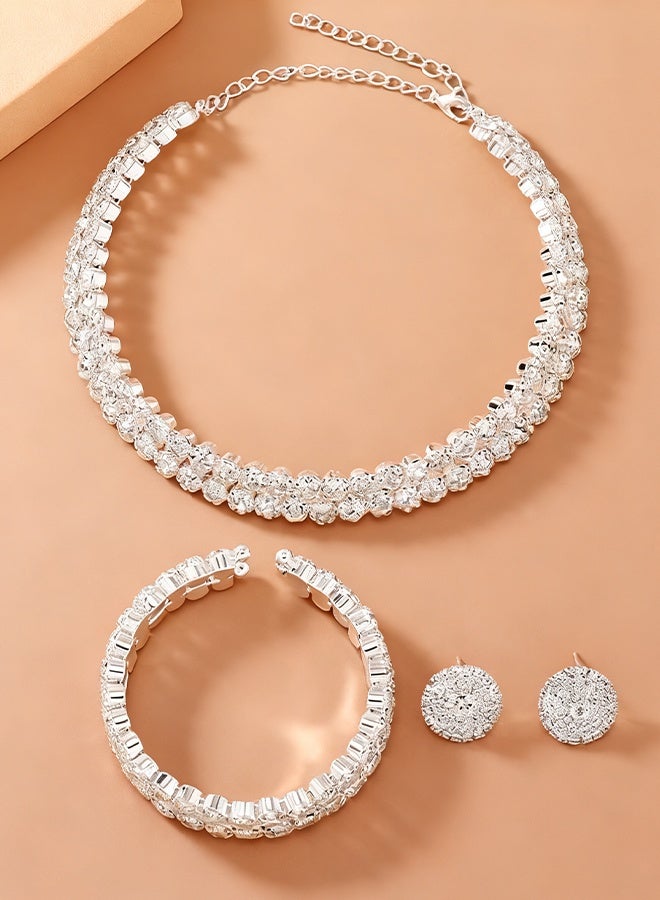 Happy D 3 Pcs Rhinestone Choker Bracelet Earrings Jewelry Set Double Row Round Diamond Collar Necklace Bridal Evening Dress Accessories for Girlfriend Wife Mother Bridesmaids Wedding Party Accessories - Image 3