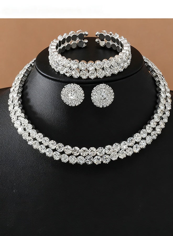 Happy D 3 Pcs Rhinestone Choker Bracelet Earrings Jewelry Set Double Row Round Diamond Collar Necklace Bridal Evening Dress Accessories for Girlfriend Wife Mother Bridesmaids Wedding Party Accessories - Image 2