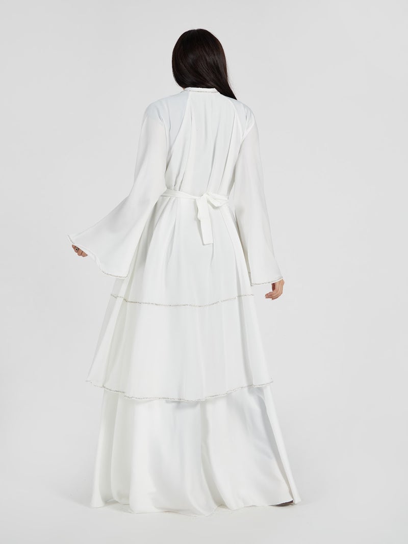 Reem Abayas Pure White Tiered Abaya with Silver Trim - Image 4