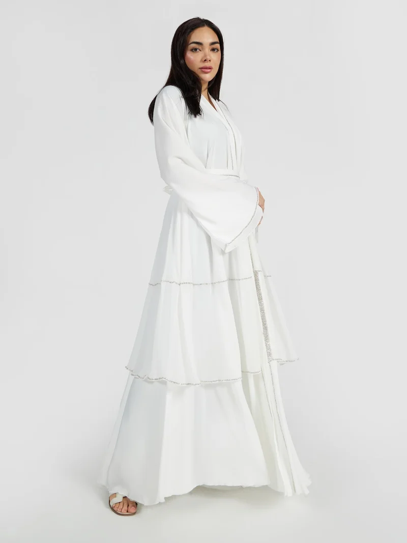Reem Abayas Pure White Tiered Abaya with Silver Trim