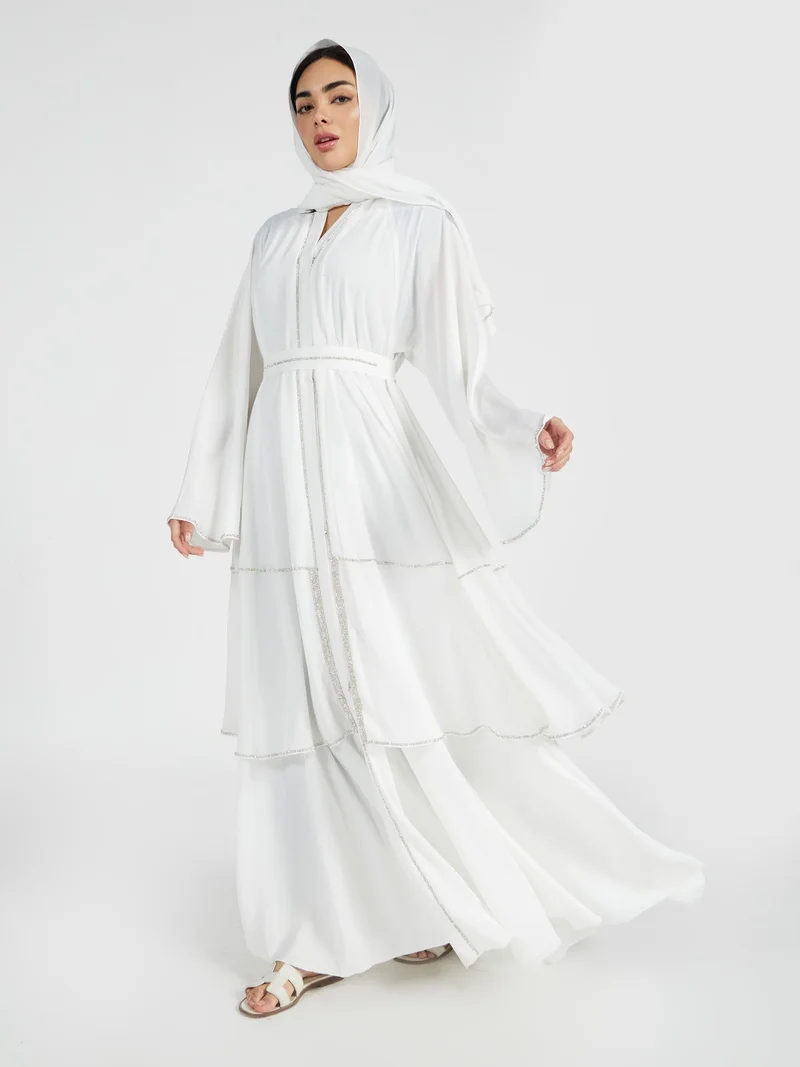 Reem Abayas Pure White Tiered Abaya with Silver Trim