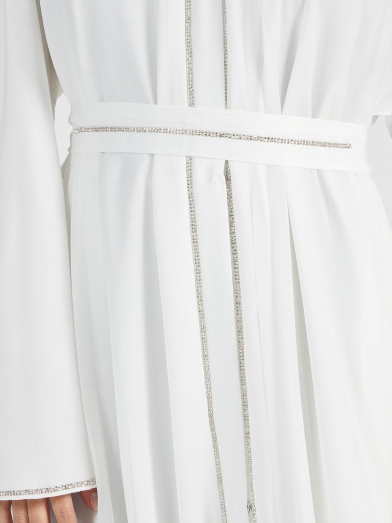 Reem Abayas Pure White Tiered Abaya with Silver Trim - Image 3