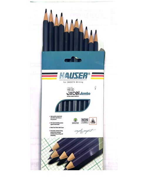 HAUSER EXCEL JUMBO EXTRA DARK PENCIL , DARK AND STRONG LEAD SUPERIOR TRATED SOFT WOOD STRONG AND ACCURATE BONDING , HIGH QUALITY COMPRESSED 2B LEADS FOR DARK LINES AT LOW PRESSER GERMAN STANDARD, GRIP SOLID