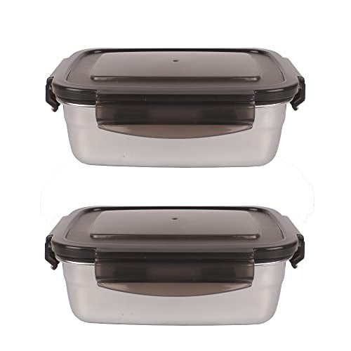 Femora High Stainless Steel Rectangular Container, Leakproof airtight Lid, 350 ML, Pack of 2, Silver - Image 2