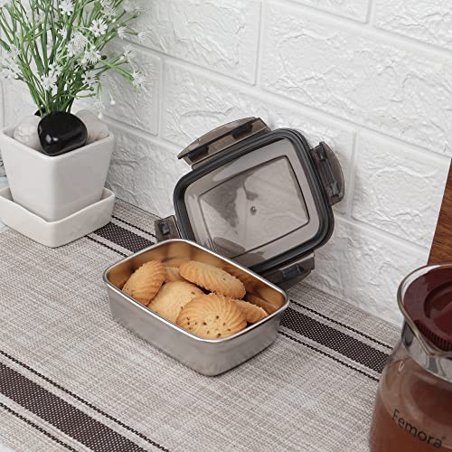 Femora High Stainless Steel Rectangular Container, Leakproof airtight Lid, 350 ML, Pack of 2, Silver - Image 1