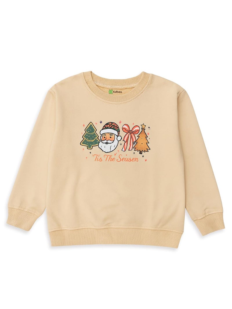 Kidbea® Unisex Kids Cotton Christmas Sweatshirt | Soft Warm Winter Wear with Cute Santa & Tree Print | Comfortable & Stylish Sweater (Beige, 2-3 Years) - Image 1