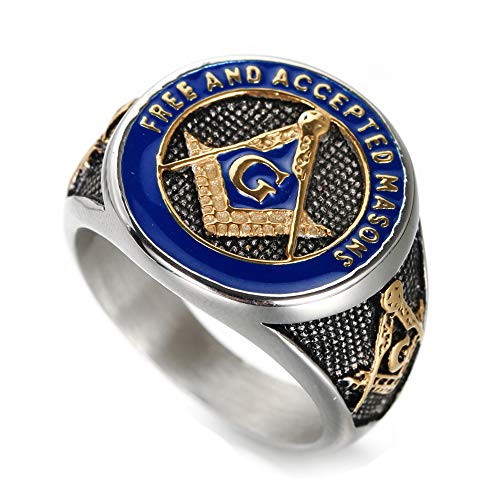 INRENG Men's Stainless Steel Vintage Freemason Masonic Biker Rings Blue Free and Accepted Masons Ring Band Gold Size 12 - Image 1